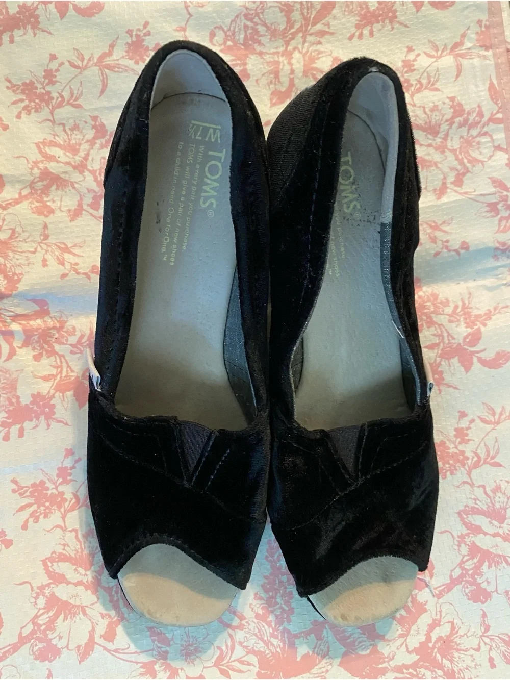 TOMS Black Velvet Wedge Peep-Toe Slip-Ons